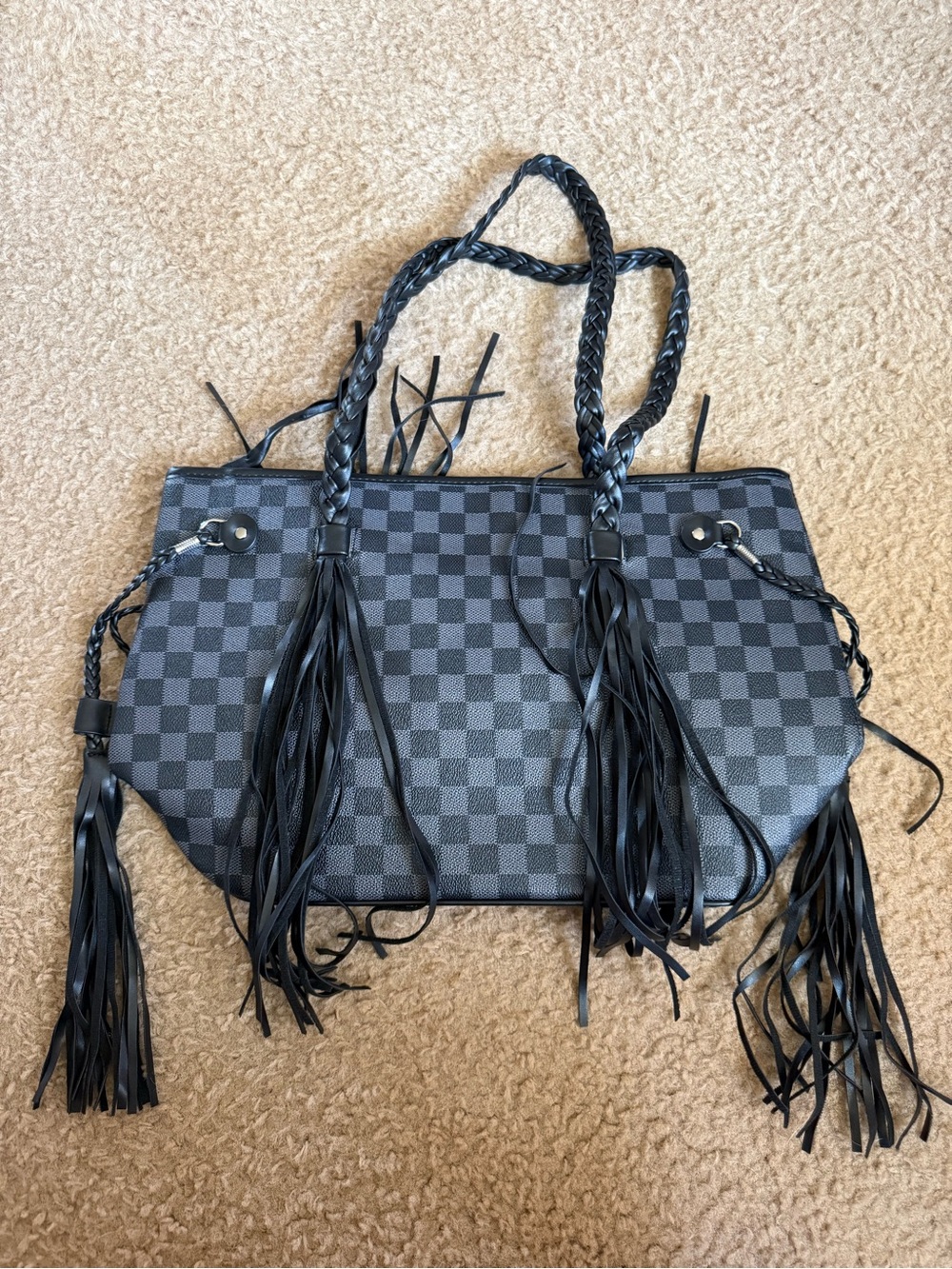 Source Unknown Black Checkered Fringe Tote